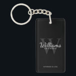 Name und Monogramm der Personalisierten Trauzeugen Schlüsselanhänger<br><div class="desc">Fügen Sie Ihrer Hochzeit eine persönliche Touch mit personalisierten Trauzeugen Schlüsselanhänger hinzu. Dieser Schlüsselanhänger weist den Namen des personalisierten Trauzeugen im Schriftart-Stil auf,  mit Hochzeitsdetails im klassischen,  weißen Serif-Schriftart-Stil und Monogramm im Schriftart-Stil in Grau-Serif als Hintergrund,  auf schwarzem Hintergrund. Auch perfekt für Trauzeuge,  Brautvater,  Ringträger und mehr.</div>