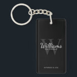 Name und Monogramm der Personalisierten Trauzeugen Schlüsselanhänger<br><div class="desc">Fügen Sie Ihrer Hochzeit eine persönliche Touch mit personalisierten Trauzeugen Schlüsselanhänger hinzu. Dieser Schlüsselanhänger weist den Namen des personalisierten Trauzeugen im Schriftart-Stil auf,  mit Hochzeitsdetails im klassischen,  weißen Serif-Schriftart-Stil und Monogramm im Schriftart-Stil in Grau-Serif als Hintergrund,  auf schwarzem Hintergrund. Auch perfekt für Trauzeuge,  Brautvater,  Ringträger und mehr.</div>