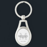 Name und Monogramm der personalisierten Trauzeugen Schlüsselanhänger<br><div class="desc">Fügen Sie Ihrer Hochzeit eine persönliche Touch mit personalisierten Trauzeugen Schlüsselanhänger hinzu. Dieser Schlüsselanhänger zeigt den Namen des personalisierten Trauzeugen mit dem Titel und dem Hochzeitdatum in Grau und Monogramm in hellgrau als Hintergrund,  im klassischen Serif-Schriftart-Stil,  auf weißem Hintergrund. Auch perfekt für Trauzeuge,  Brautvater,  Ringträger und mehr.</div>