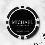 Name und Monogramm des personalisierten Trauzeugen Pokerchips<br><div class="desc">Personalisierte Trauzeuge Geschenke mit dem Namen,  dem Titel und dem Hochzeitstag des personalisierten Trauzeugen in einem klassischen,  weißen Serif-Schriftart auf schwarzem Hintergrund. Auch perfekt für Trauzeuge,  Vater der Braut und mehr.</div>