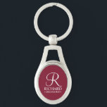Name und Monogramm des personalisierten Trauzeugen Schlüsselanhänger<br><div class="desc">Elegante Personalisierte Trauzeuge Geschenke mit personalisiertem Monogramm in weißem,  elegantem Script-Schriftart-Stil mit Trauzeugen Namen und Titel im klassischen Serif-Schriftart-Stil auf bordeauxrotem Hintergrund. Auch perfekt für Trauzeuge,  Brautvater,  Brautjungfrau,  Trauzeugin,  Blume Mädchen,  Brautmutter und mehr.</div>