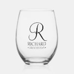 Name und Monogramm des personalisierten Trauzeugen Weinglas Ohne Stiel<br><div class="desc">Elegante Personalisierte Trauzeuge Geschenke mit personalisiertem Monogramm in schwarz elegantem Skript-Schriftart-Stil mit Trauzeugen Namen und Titel im klassischen Serif-Schriftart-Stil. Auch perfekt für Trauzeuge,  Brautvater,  Brautjungfrau,  Trauzeugin,  Blume Mädchen,  Brautmutter und mehr.</div>