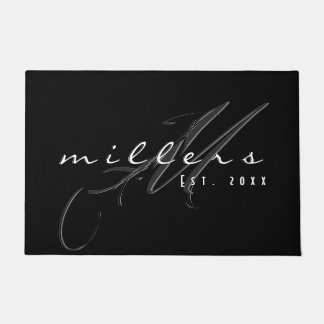 Name und Monogramm für die Schwarz-Weiß-Familie Fußmatte (Vorderseite)