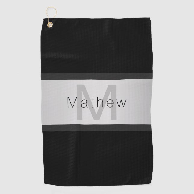 Name und Monogramm | Grays Black & Imitate Silver Golfhandtuch (Vorderseite)