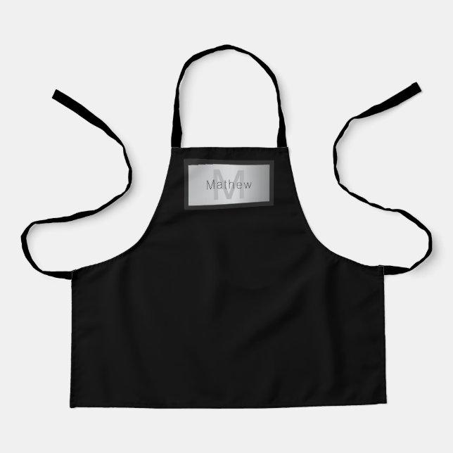 Name und Monogramm | Grays Black & Imitate Silver Schürze (Vorderseite)