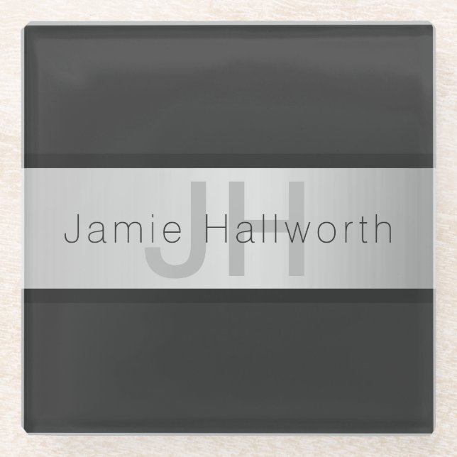 Name und Monogramm | Grays & Imitate Silver Look Glasuntersetzer (Vorderseite)