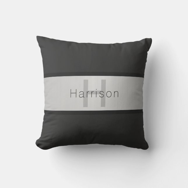 Name und Monogramm | Grays & Imitate Silver Look Kissen (Vorderseite)