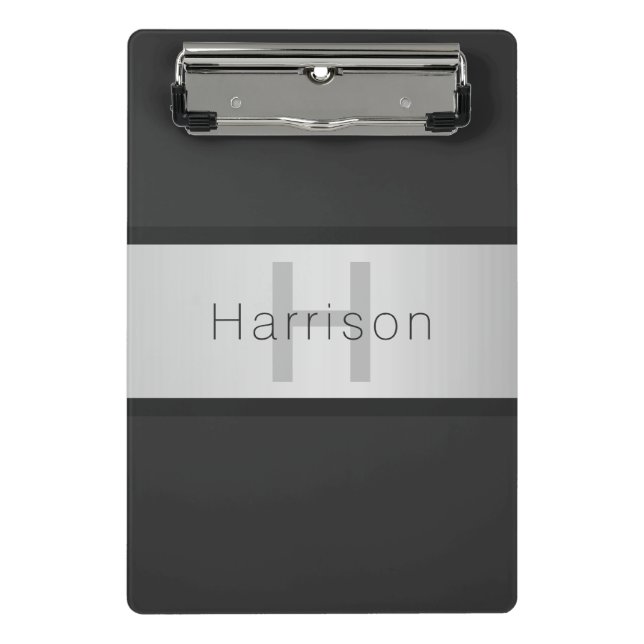 Name und Monogramm | Grays & Imitate Silver Look Mini Klemmbrett (Vorderseite)