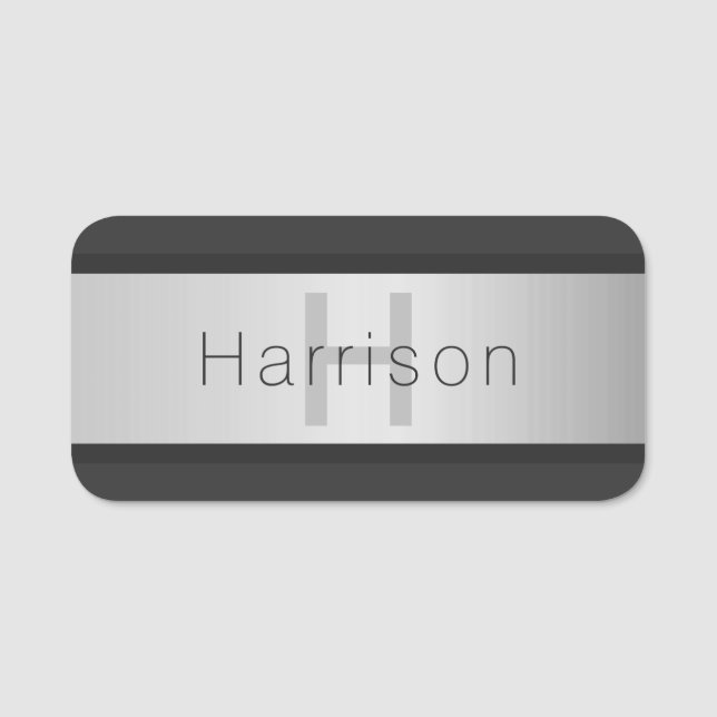 Name und Monogramm | Grays & Imitate Silver Look Namensschild (Vorderseite)