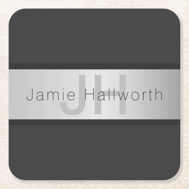 Name und Monogramm | Grays & Imitate Silver Look Rechteckiger Pappuntersetzer (Vorderseite)