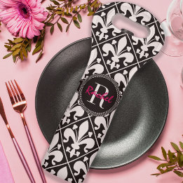 Name und Monogramm Schwarz/Weiß Fleur de Lys Weintasche