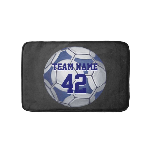 Name und Nummer des Fußball-Balls blau und weiß Badematte (Vorderseite)