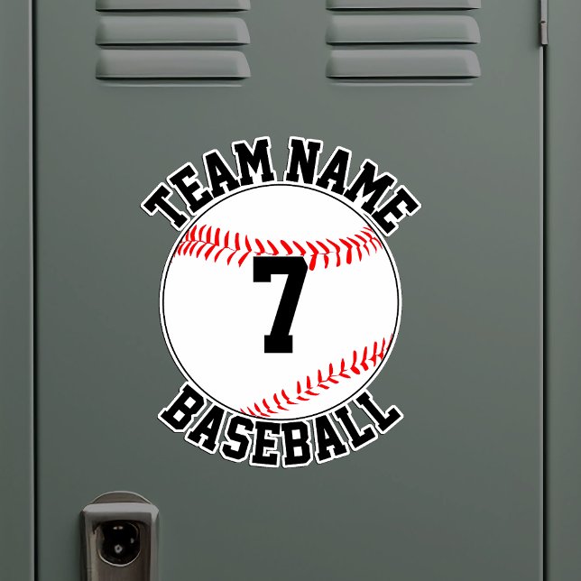 Name und Spielnummer des Baseball-Teams und der Ba Aufkleber (Custom baseball sticker with team name and player number on metal locker)