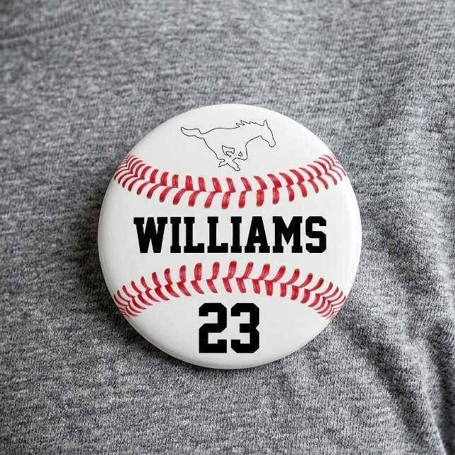 Name und Teamlogo des benutzerdefinierten Baseball Button (Personalized baseball round button with custom logo, player name and number.)