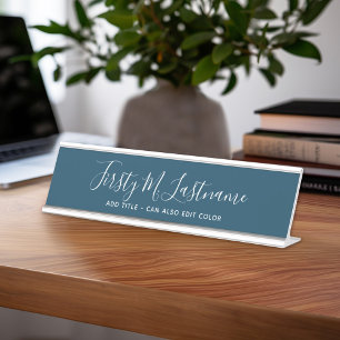 Name und Titel Kalligrafie - CAN EDIT blue COLOR Schreibtischnamensplakette