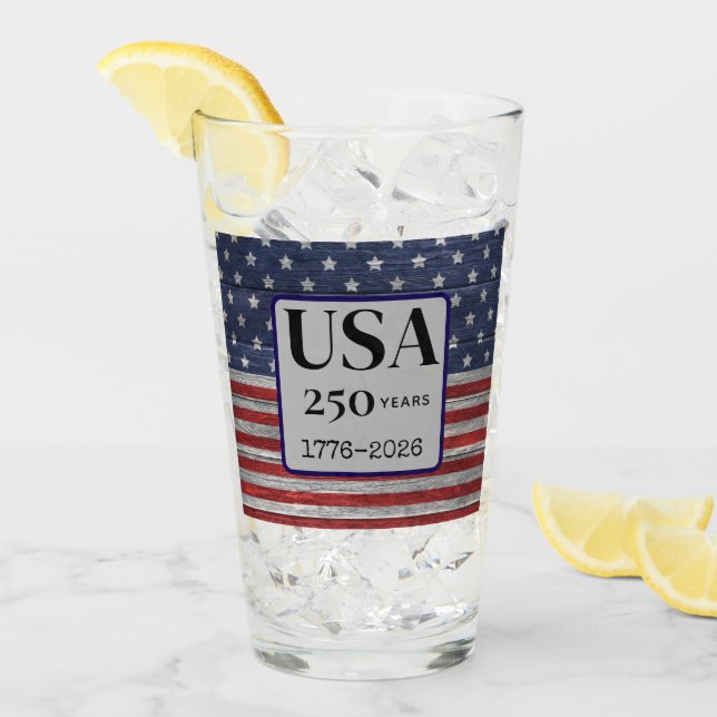 Name USA 250 years 1776-2026 Red Blue Stars Pint Glas (Vorderseite Ice)
