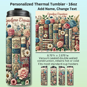 Name Vintage Bücher & Blumen hinzufügen Thermosbecher