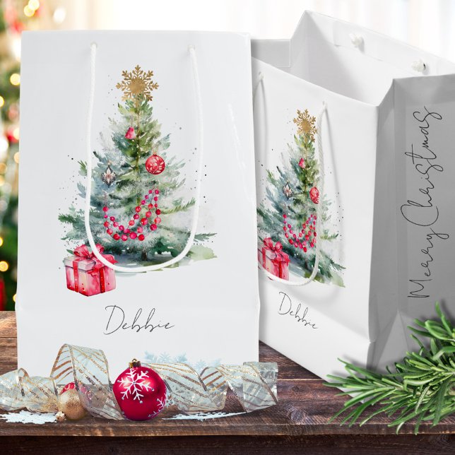 Name Wasserfarbe Moderne Elegante Weihnachtsbaume Mittlere Geschenktüte (Von Creator hochgeladen)