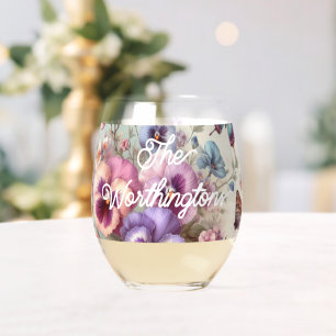 Name Wasserfarbe Vintage Stiefmütterchen Blume Pas Weinglas Ohne Stiel
