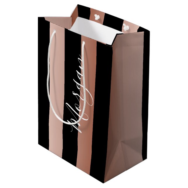 Name Weiß, Vertikale Rose Gold und schwarze Streif Mittlere Geschenktüte (Rückseite Schrägansicht)