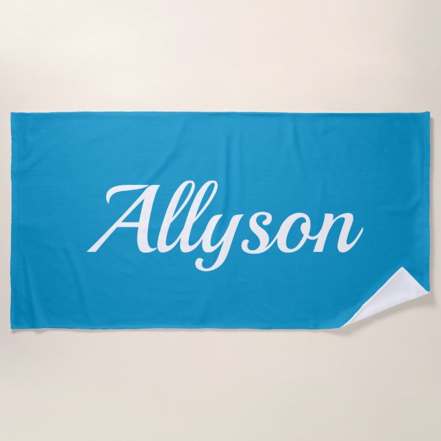 Name, weiße Schrift / Blau personalisieren Strandtuch (Vorderseite)