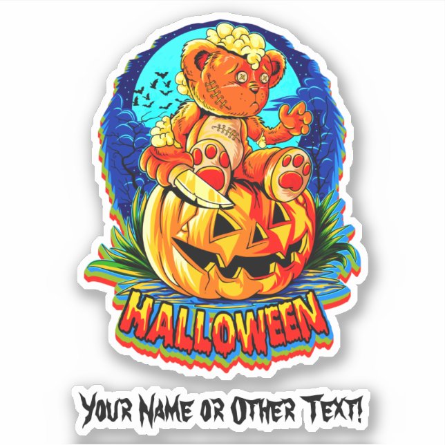 Name Zombie Teddy Bear Pumpkin Kniween Halloween Aufkleber (Vorderseite)