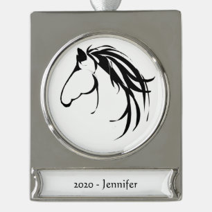 Namedatum klassisches Pferdekopf-Logo-Schwarzes Banner-Ornament Silber
