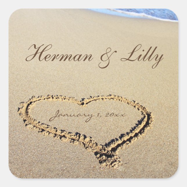 Namen auf dem Sand Personal Square Hochzeitsticker Quadratischer Aufkleber (Vorderseite)