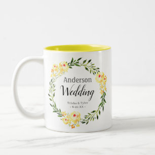 Namen & Datum Gelbe Aquarellblumen Hochzeit Zweifarbige Tasse