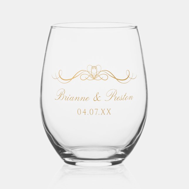 Namen Datum Modernes, elegantes Gold-Script-Hochze Weinglas Ohne Stiel (Vorderseite)
