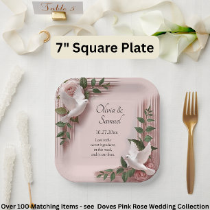 Namen Datum Nachricht Rosa Rosen & Tauben Hochzeit Pappteller