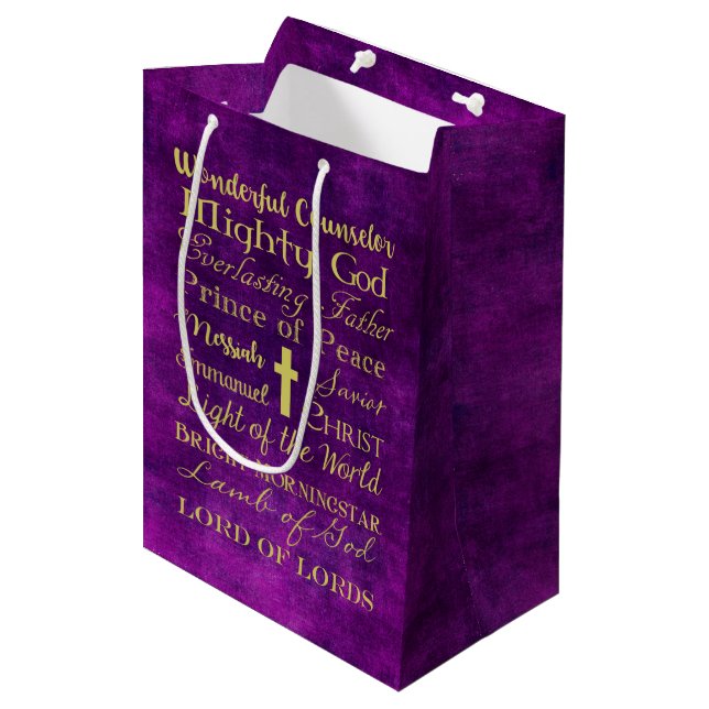 Namen der lila Geschenk-Tasche Jesuss Mittlere Geschenktüte (Vorderseite Schrägansicht)
