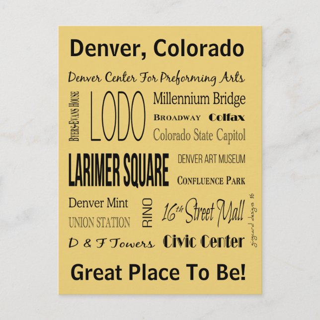 Namen der Orte in der Innenstadt von Denver, CO Postkarte (Vorderseite)