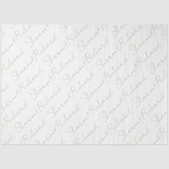 Namen in Salbei-grüne Skriptkalligrafie Hochzeit Seidenpapier (Vorderseite)