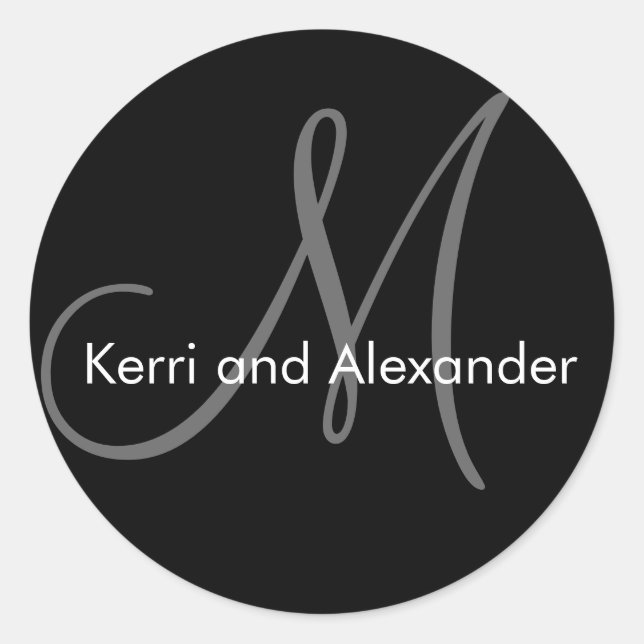 Namen und Monogramm-Hochzeitsticker Schwarz Runder Aufkleber (Vorderseite)
