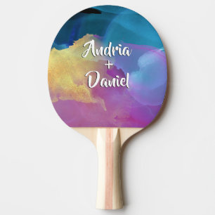 Namen von Paaren in weißem Pinseltext, Aquarellkun Tischtennis Schläger