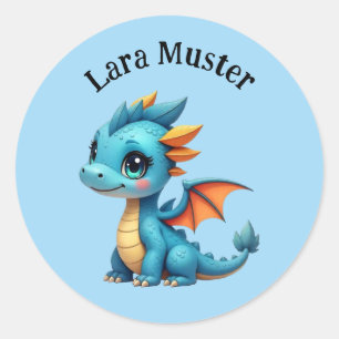 Namensaufkleber - Babydrache blau Runder Aufkleber