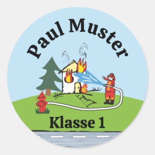 Namensaufkleber - Feuerwehr brennendes Haus - Tag  Runder Aufkleber