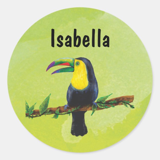Namensaufkleber grün - Tucan Aquarell-Design  Runder Aufkleber (Vorderseite)