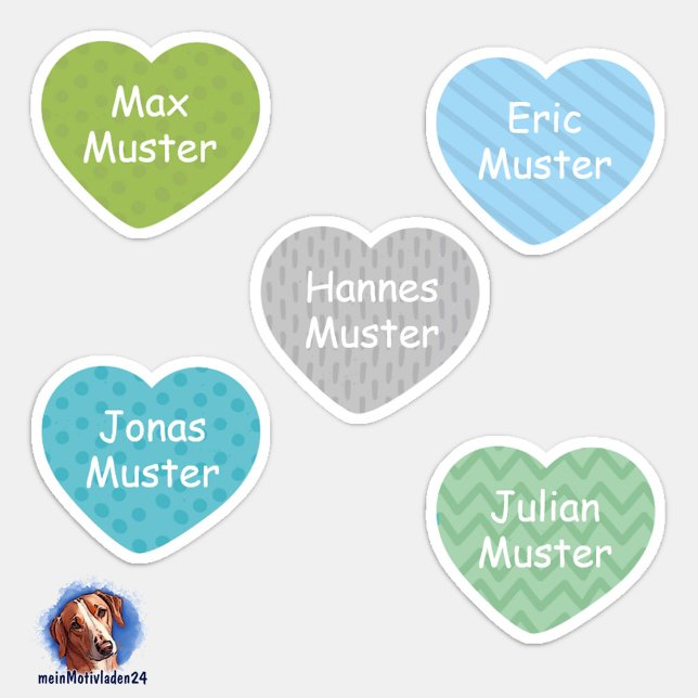Namensaufkleber Kleine Herzen 1 | Form - Aufkleber (Konturgeschnittener Namensaufkleber für Jungs - Kleine Herzen in Pastellfarben - personalisierbar )