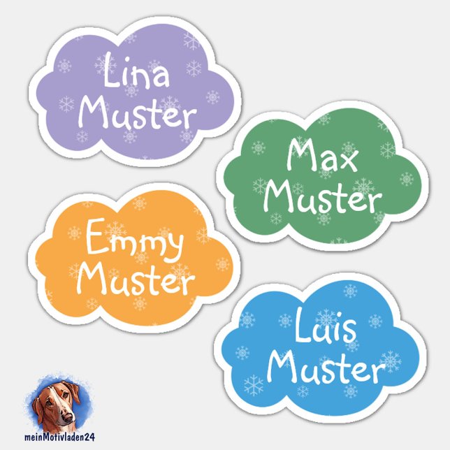 Namensaufkleber Kleine Wolken Schneestern | Form - Aufkleber (Konturgeschnittener Namensaufkleber für Kinder - Kleine Wolken in Pastellfarben - personalisierbar )