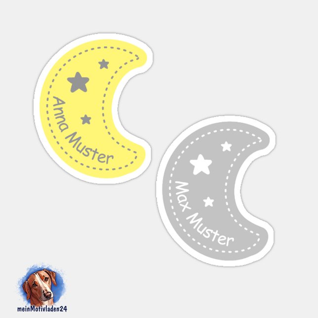 Namensaufkleber Kleiner Mond | 24 Form - Aufkleber (Konturgeschnittene Namensaufkleber für Kinder - Kleiner Mond in gelb und grau, personalisierbar )