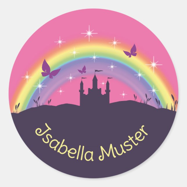Namensaufkleber - Märchenschloss Regenbogen Runder Aufkleber (Vorderseite)