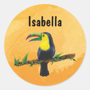 Namensaufkleber orange - Tucan Aquarell-Design Runder Aufkleber
