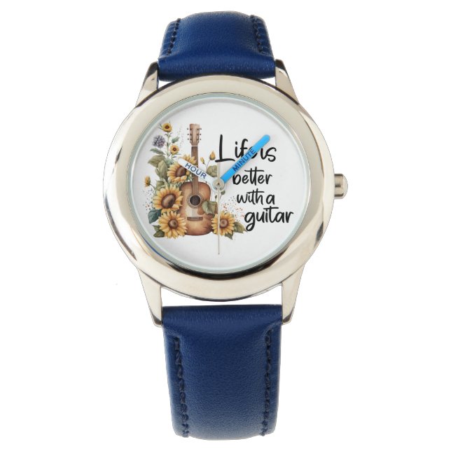 Namensgitarre mit Sonnenblume anpassen Armbanduhr (Vorderseite)