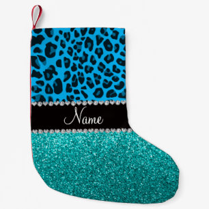 Namenshimmelblau-Leopardtürkis-Glitter Kleiner Weihnachtsstrumpf