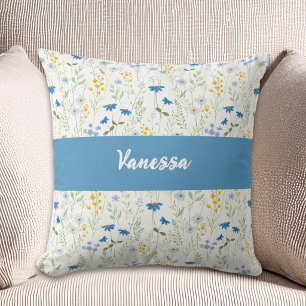 Namensmonogramm Blaue Aquarell-Wildblume Kissen