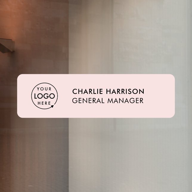 Namensplakette | Firmenlogos Rosa Weibchen Fensteraufkleber (Pink company branded nameplate window cling signs for small business employee & office signage.)