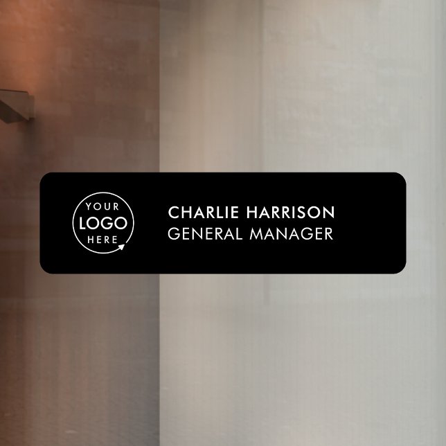 Namensplakette | Geschäftslogo Stilvolle schwarze  Fensteraufkleber (Black company branded nameplate window cling for small business employee & office signage.)