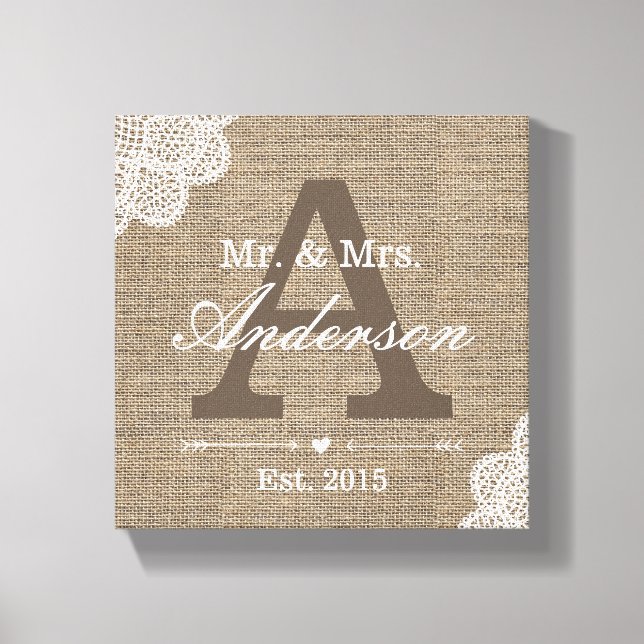 Namensschild der Familie Burlap & Lace Leinwanddruck (Vorderseite)
